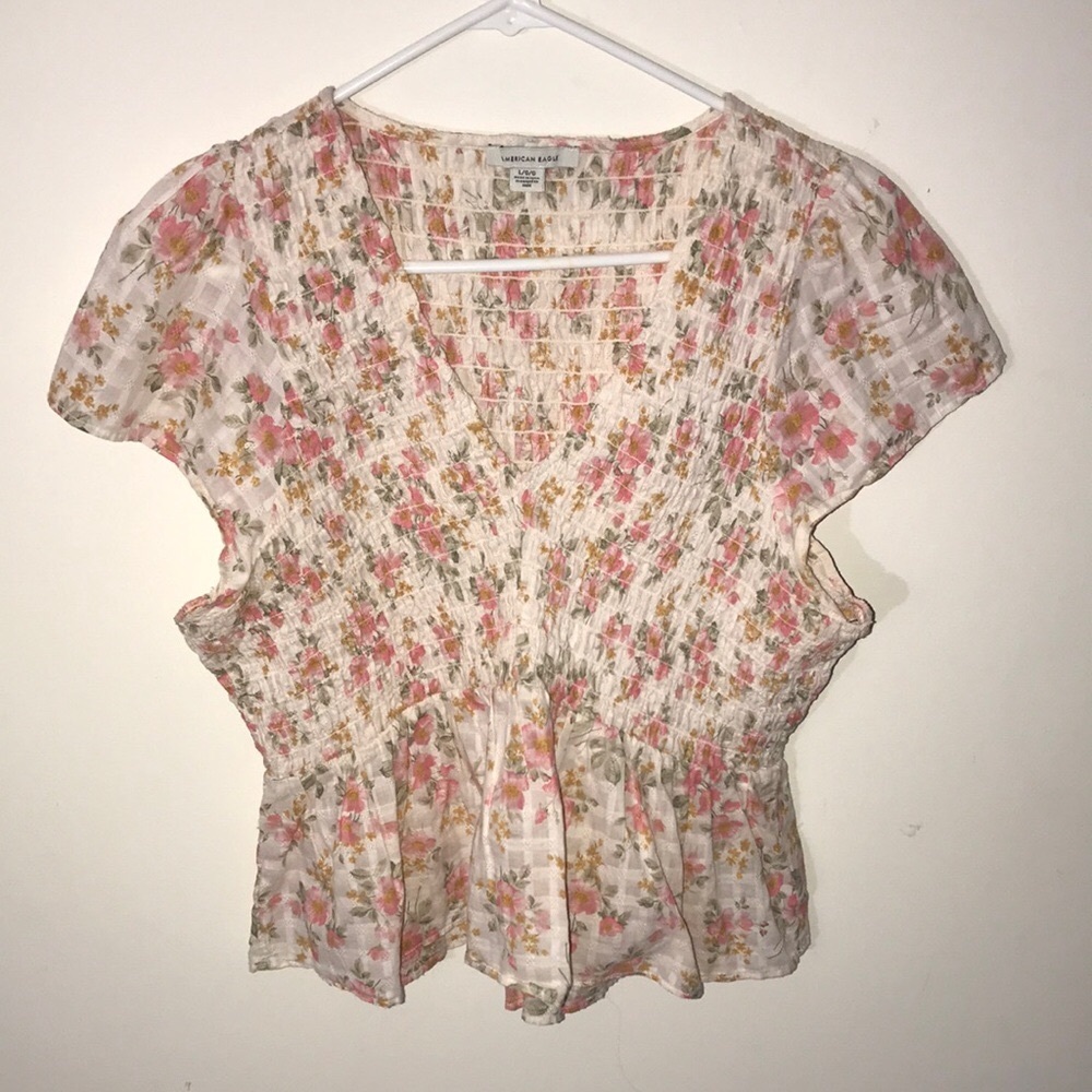 American Eagle Outfitters Pink Floral Smocked Peplum Top